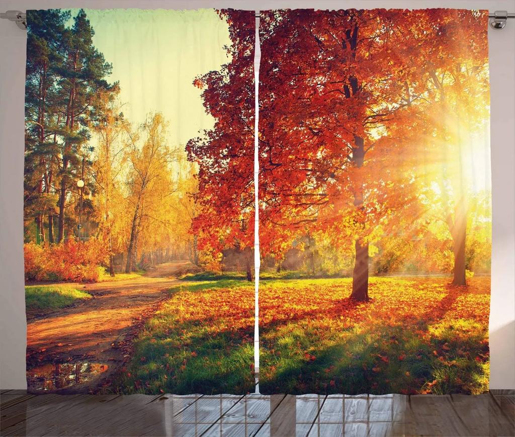 3D Curtain Tree Scenery for Bedroom, Autumn Forest Sunset Print, Light Curtain, Essential Polyester, 2 Panels