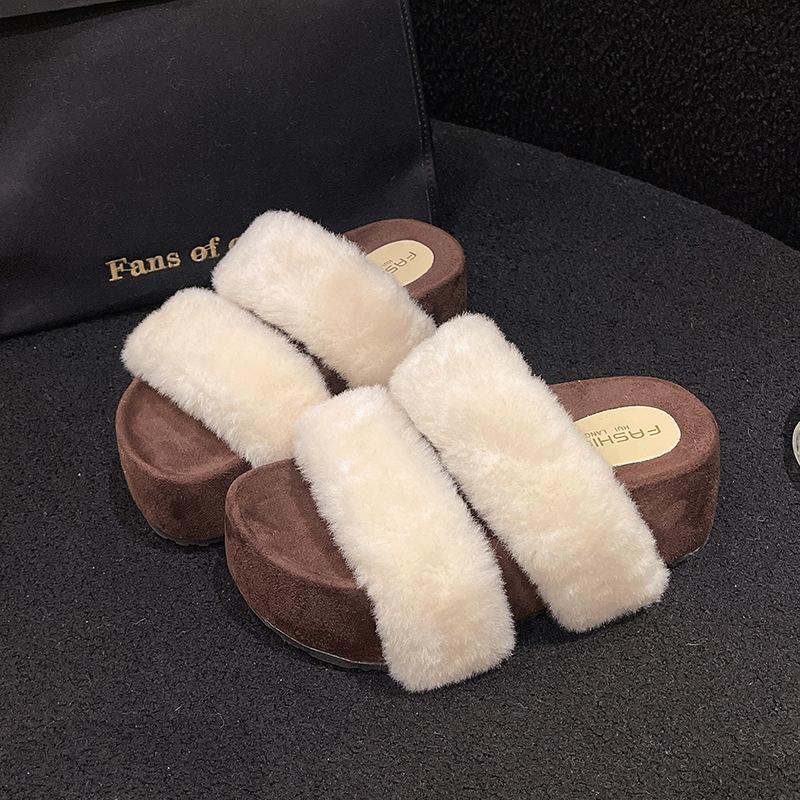 

2025 autumn new gentle retro thick bottom one word sandals women fashion versatile casual wear Mao Mao slippers 40 бежевый