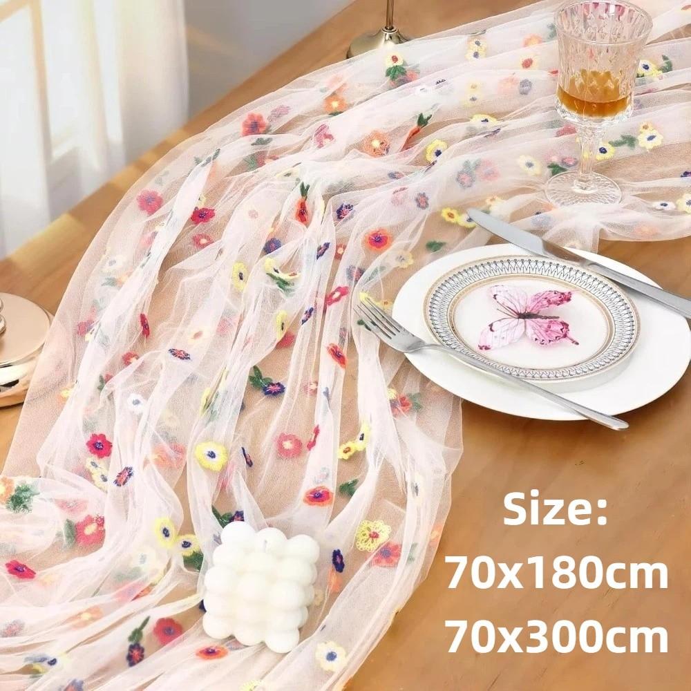 Colorful Flower Lace Tulle Runner Embroidery Daisy Floral Table Cover  for Bridal Shower