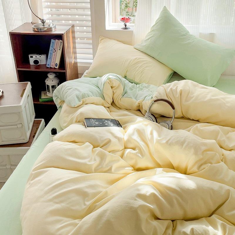 Class A Maternal And Infant Grade Solid Color Four-Piece Set Washed Cotton Double Quilt Cover Dormitory Bed Sheet 3Pcs Set Bed Hat Quilt Cover