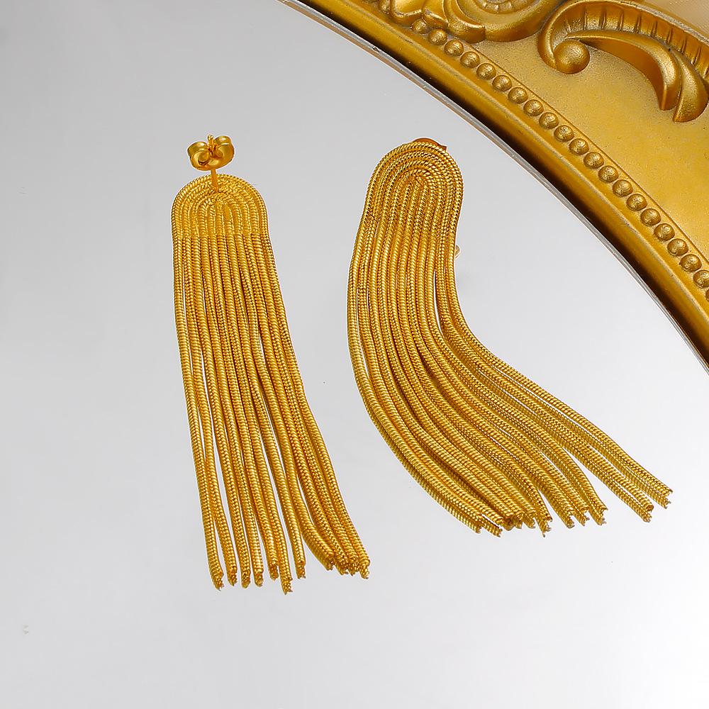 Mei Shi Duo European 18K Gold Tassel Earrings, Stainless Titanium Steel, Fashionable Long Dangle Accessories for Women