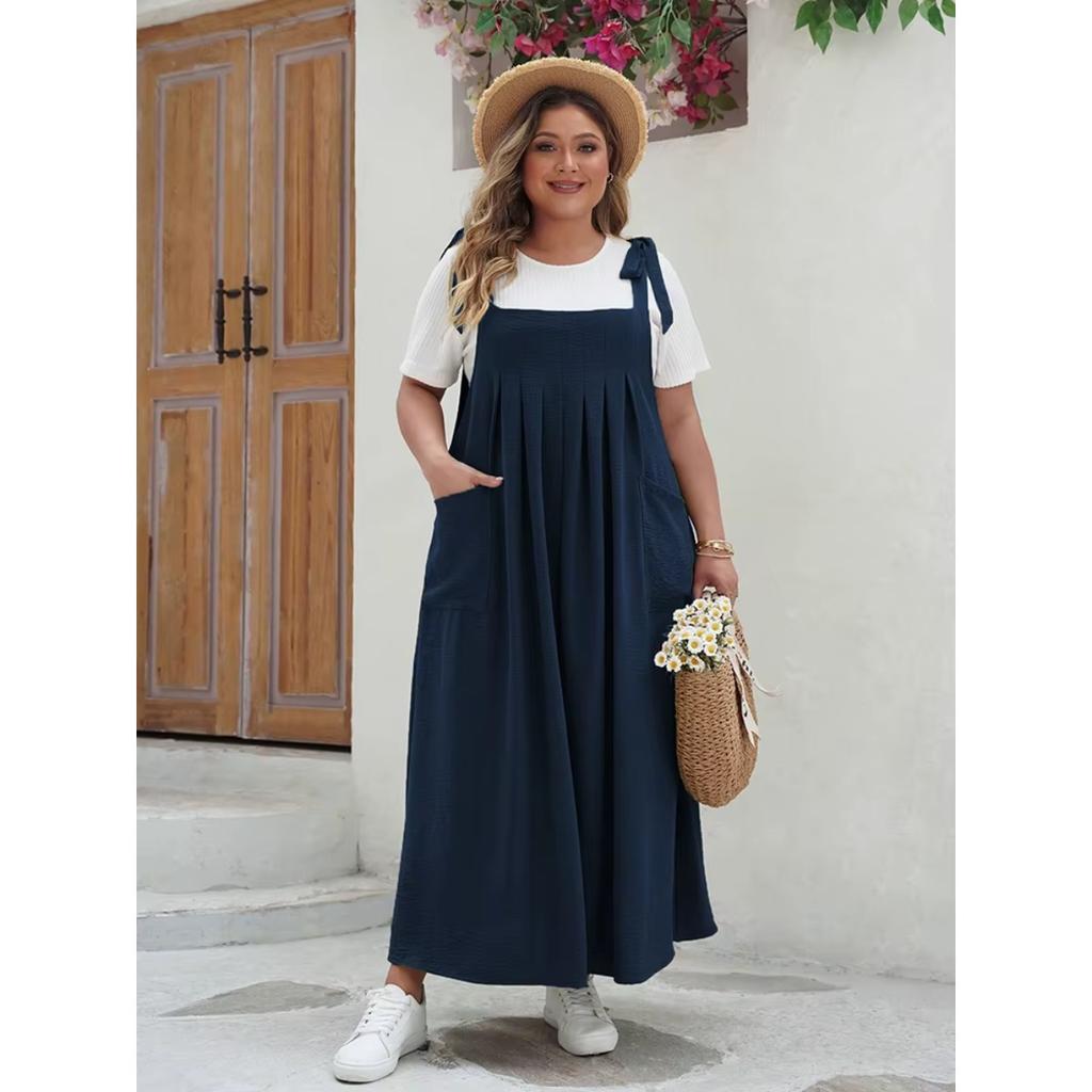 Plus Size Solid Tie Shoulder Overalls Dress For Women  Summer Casual Loose Sleeveless Maxi Long Dresses with Pockets