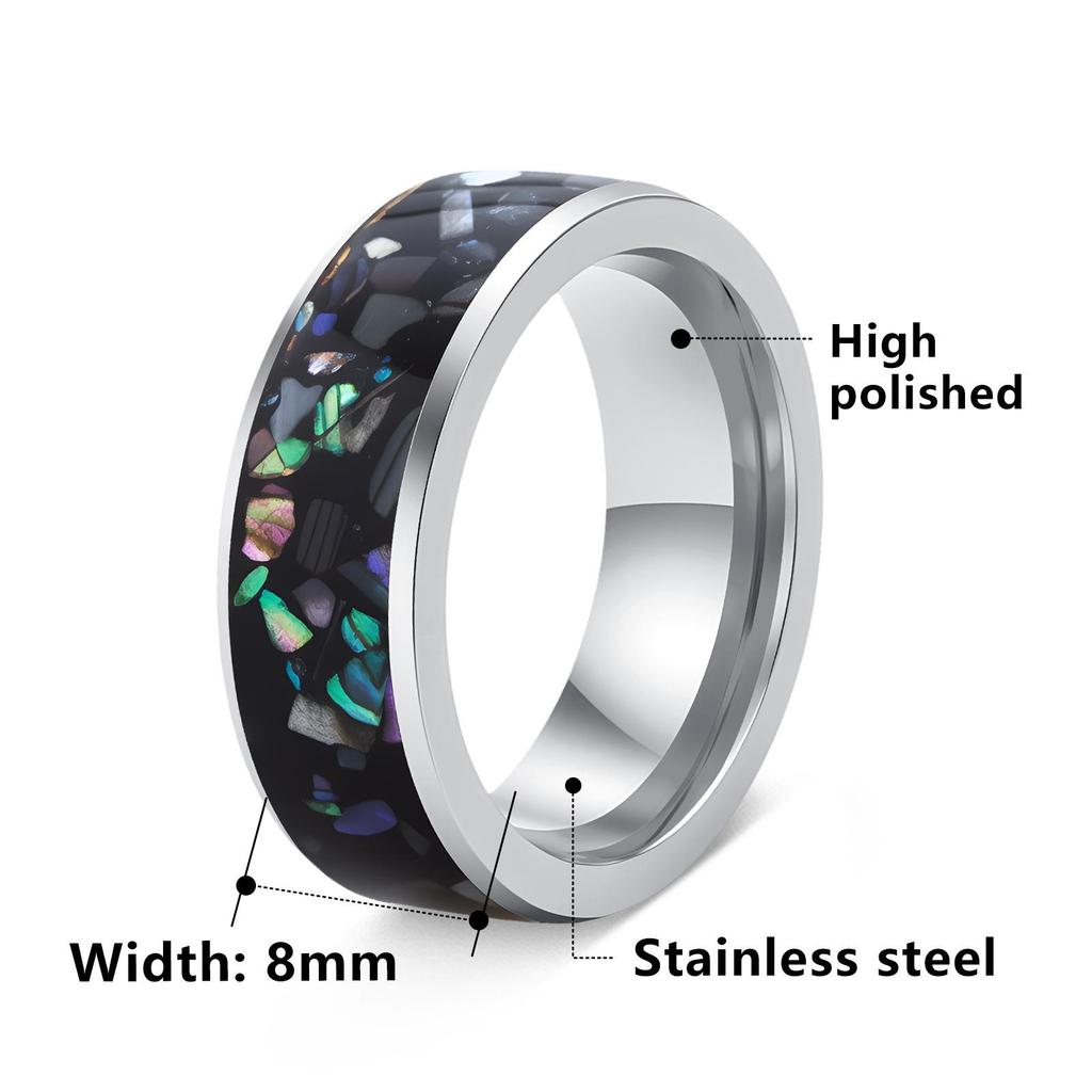 Men's 8mm Titanium Steel Ring with Faux Abalone Shell Inlay - Wedding Band