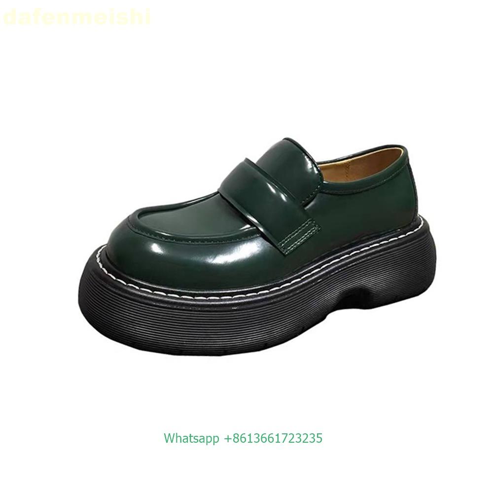 2025 Spring New Loafers Women Genuine Leather Heightening Soft Thick-Soled Casual Leather Shoes Round Toe Black/dark Green Shoes