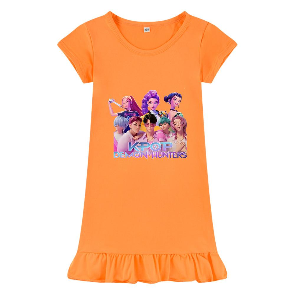 

M1204 Kids Girls Sajaboys Kpop Rumi Zoey Mira Print Short Sleeves Ruffle Dress 150cm помаранчевий