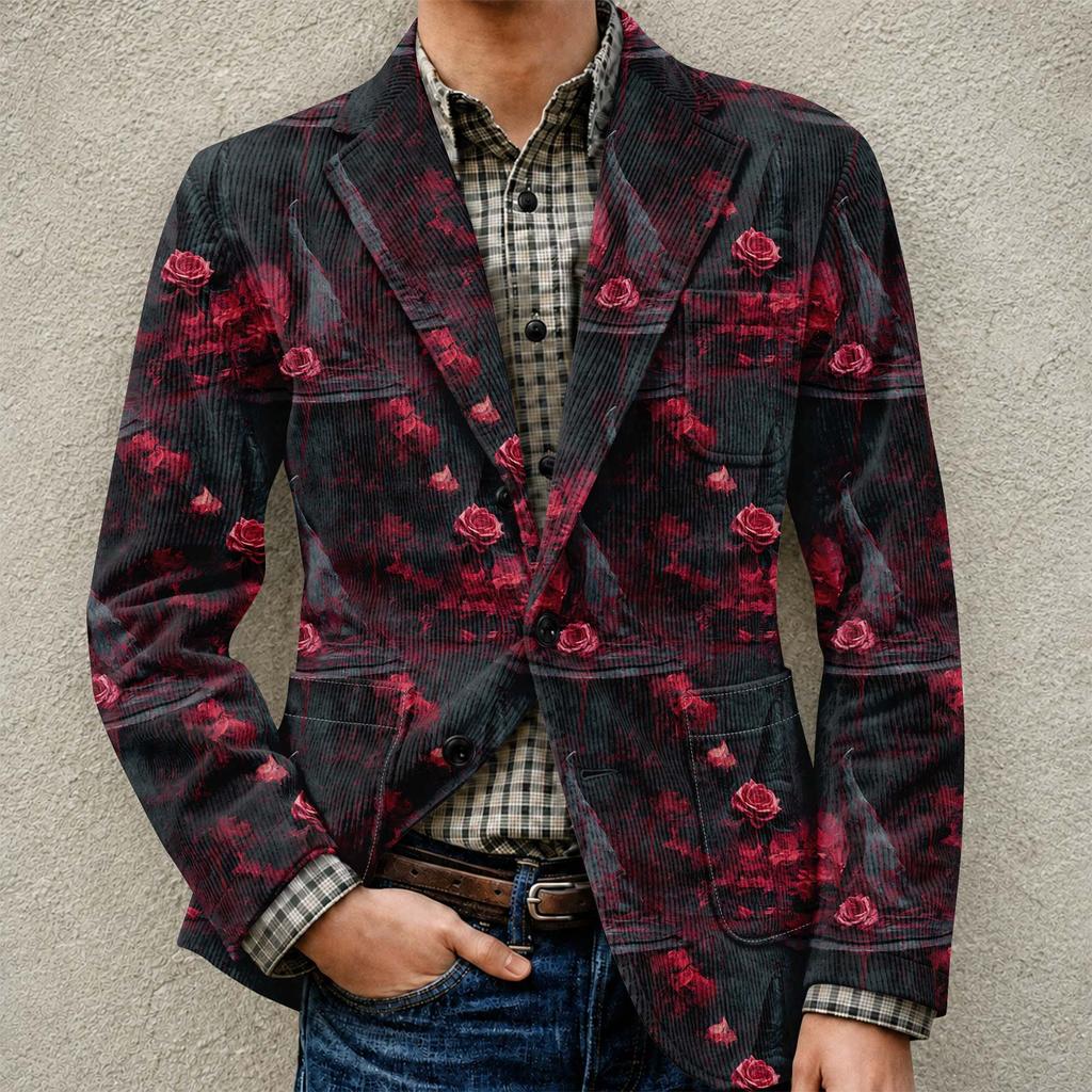 Men's Halloween Print Corduroy Warm Pocket Blazer Jacket Casual Suit Coat Lightweight Buttoned Front Outerwear for Fall Winter