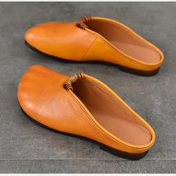 Johnature Women's Shoes Genuine Leather Flat Slippers Round Toe Versatile Casual Solid Color Outdoor Slides