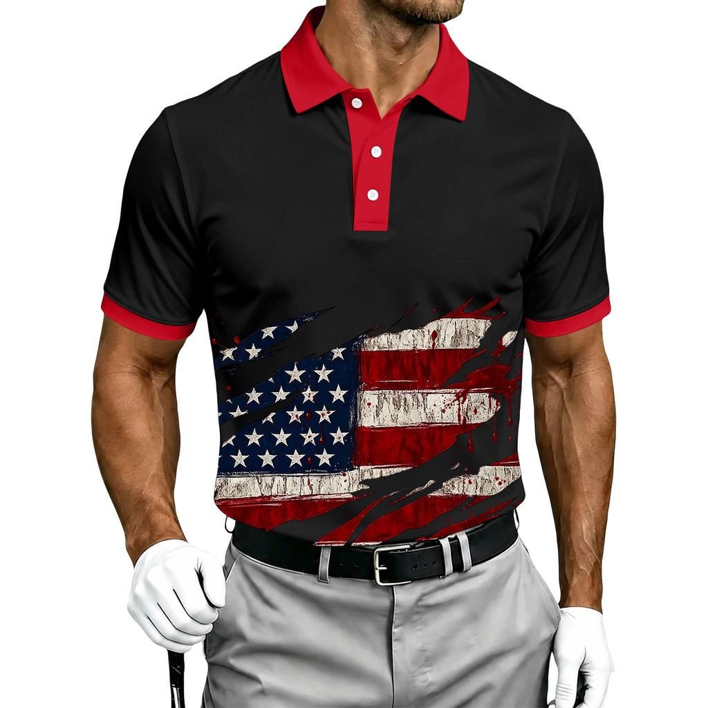 Men's Short Sleeve Polo Shirt Halloween Flag Print Casual Summer Breathable Lightweight Button Collar Top