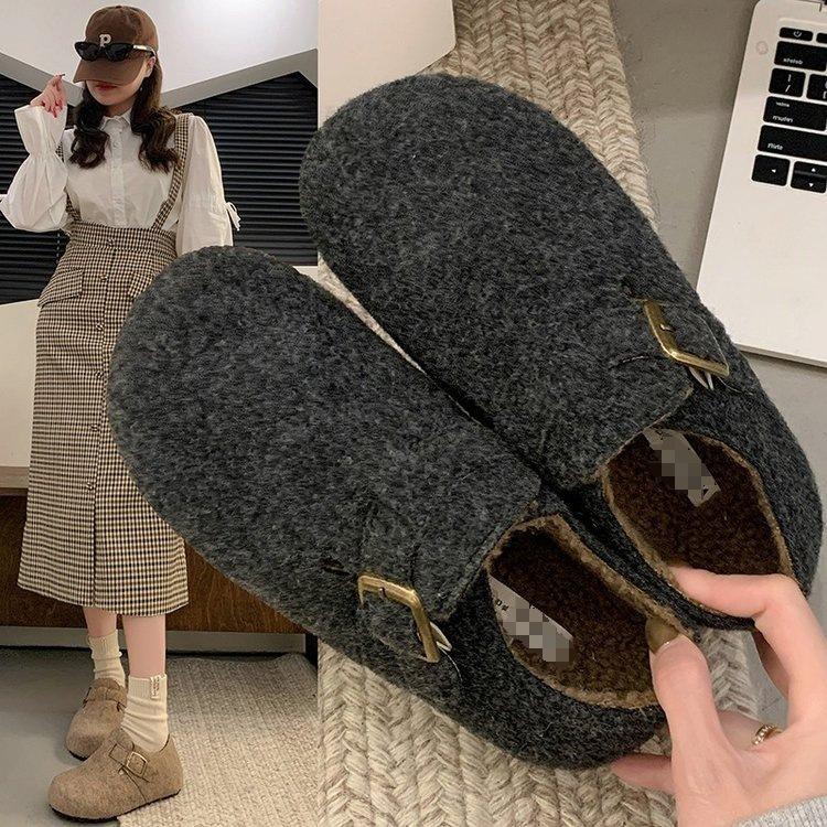 Autumn and Winter Retro Wide Head Plush Cotton Shoes, One Step Plush Casual Women's Shoes, Korean Round Head Warm Casual Shoes