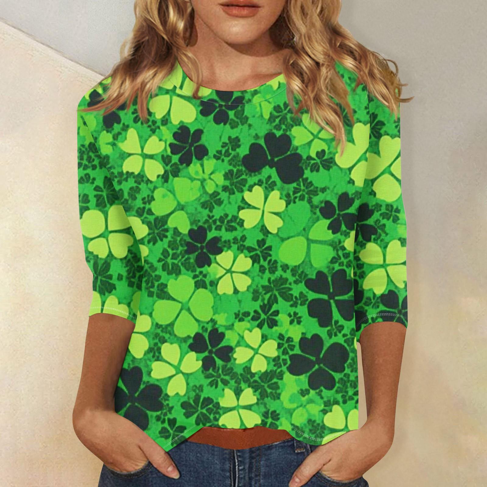 Women s Round Neck 3/4 Sleeve St. Patrick s Day Print Top XXXL