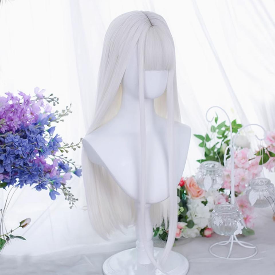 WTB White Long Straight Synthetic Wig Female Elegant And Fresh Lolita Straight Bangs Straight Hair Cosplay Party Wig