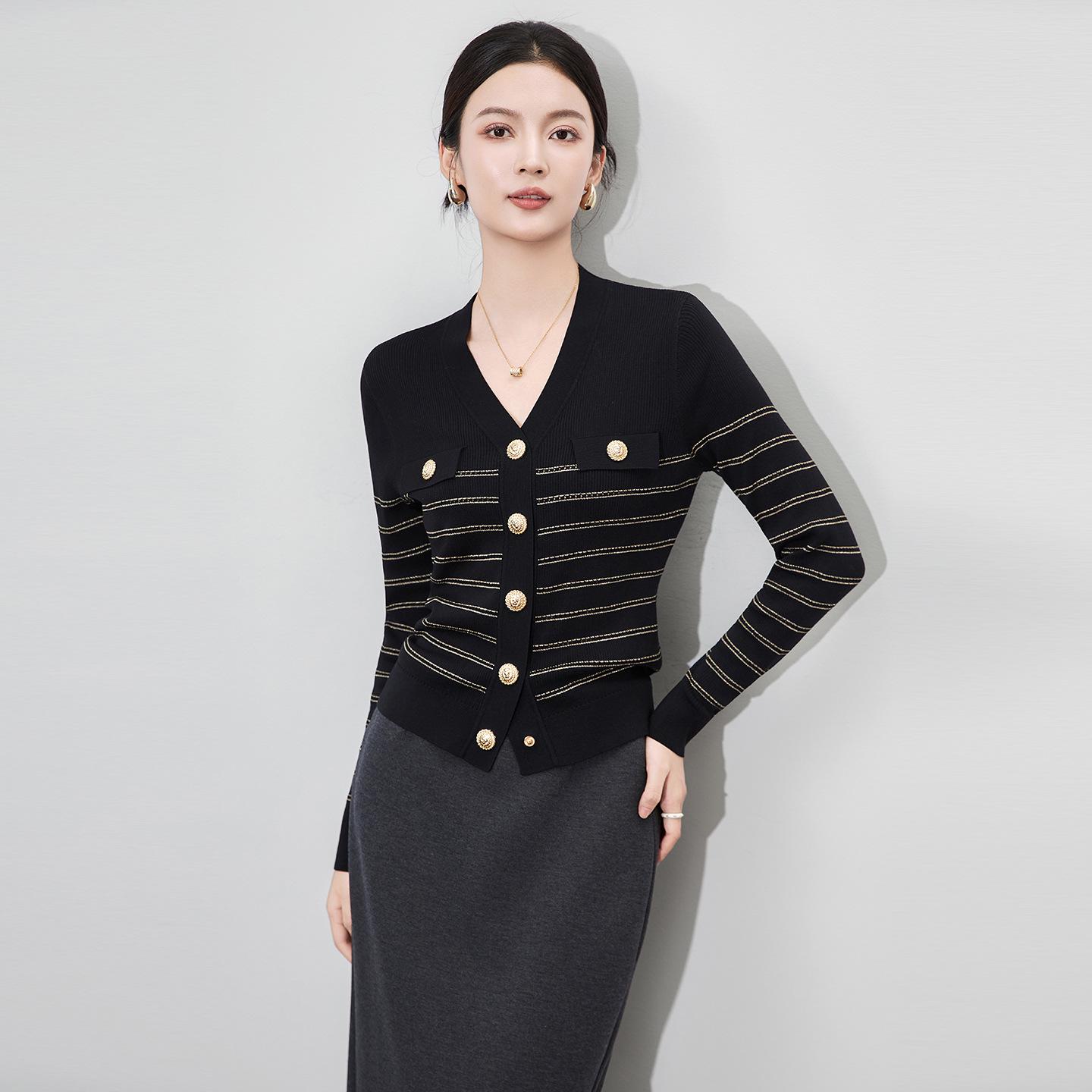 

South Oil High Craft Women s Gold Thread Striped Cardigan - Little Fragrant Wind Openwork Bead Detail Sweater One Size