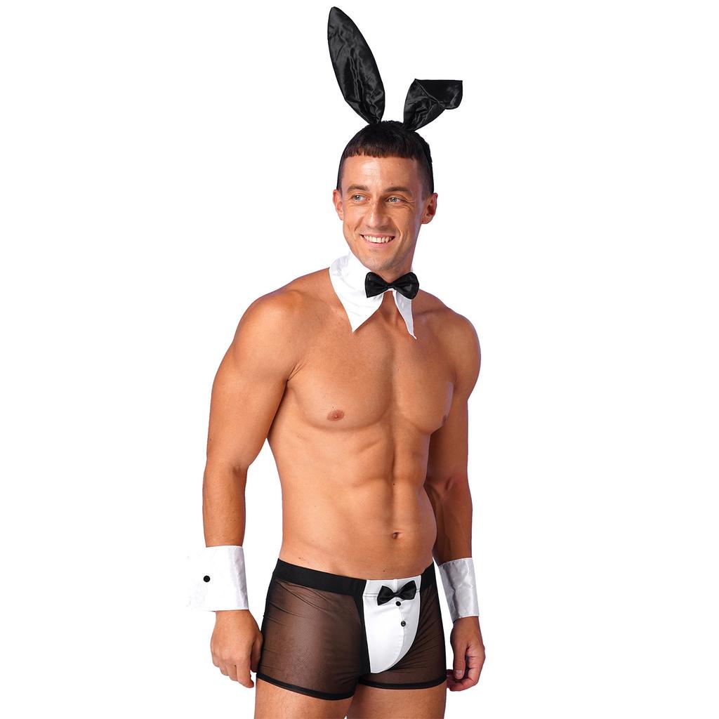 Mens Rabbit Ears See Through Boxer Briefs Underwear Set Halloween Costume