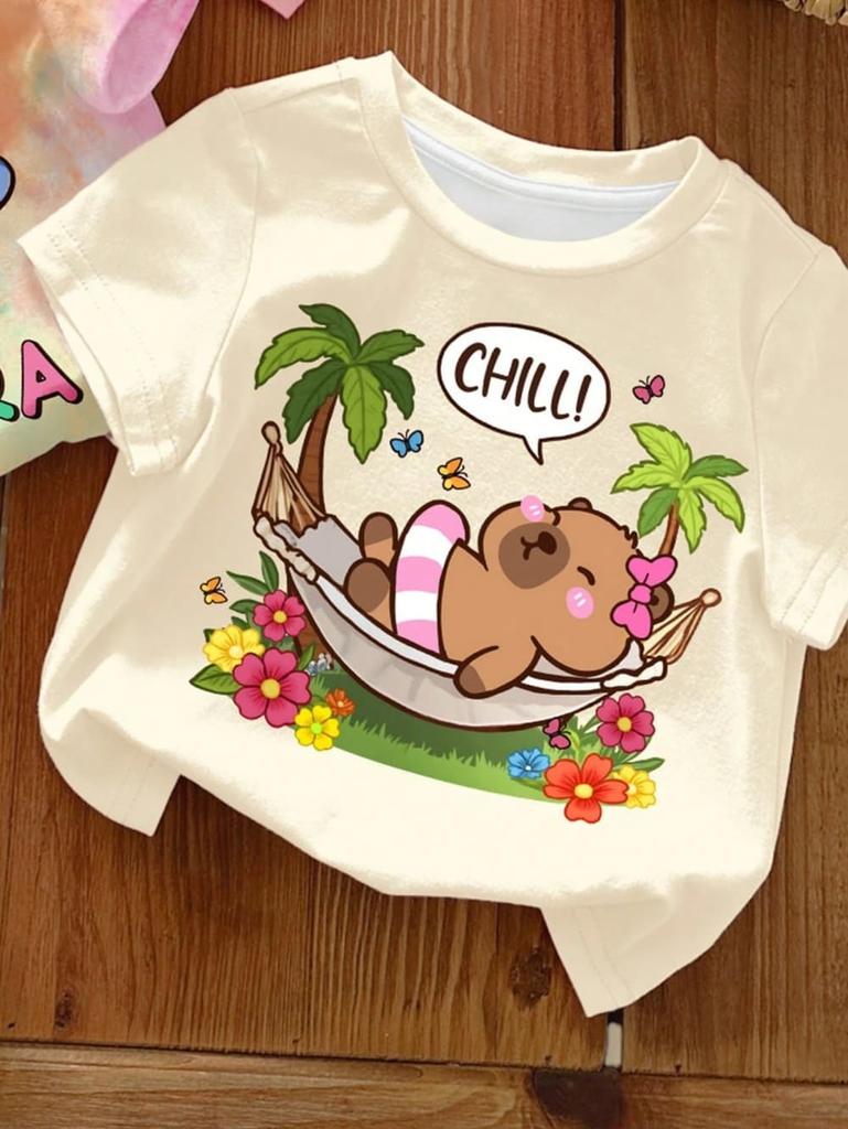 Summer Strawberry Printed T-Shirt Sweet Cute Cartoon Short Sleeve Children's T-Shirt Crew Neck Casual Tees Outdoor Girls Clothes