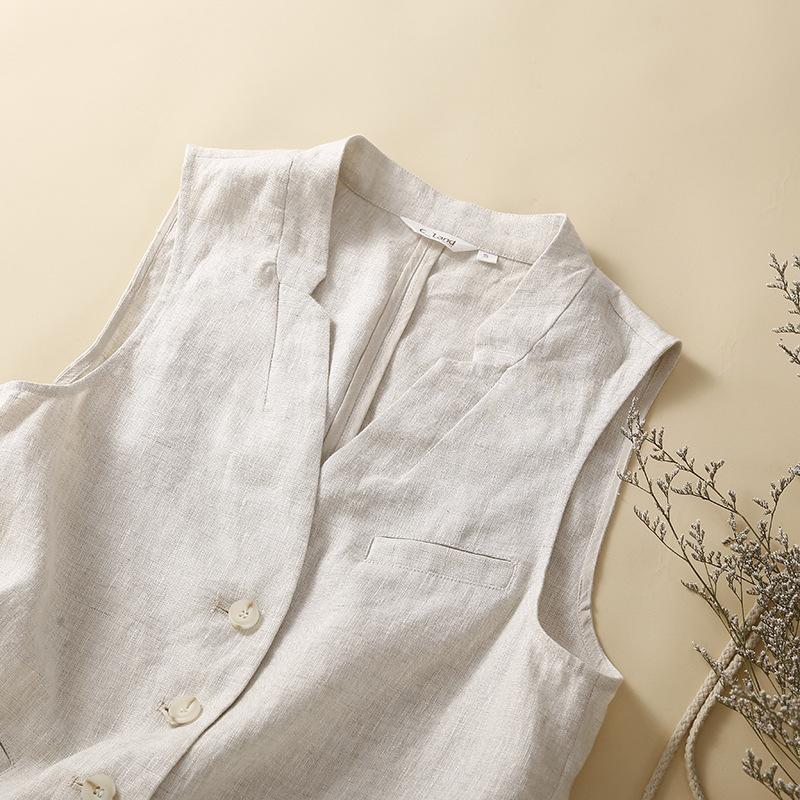 Women Vintage Natural Linen Sleeveless Jacket Ladies Casual Layering Waistcoat