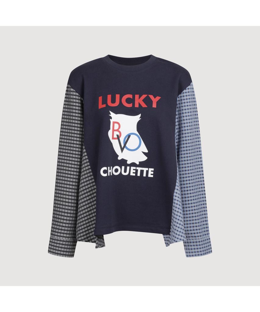 LUCKY CHOUETTE Checkered Sleeve Mix Long-Sleeved T-Shirt (Dark Navy) Lftas25195Nyd