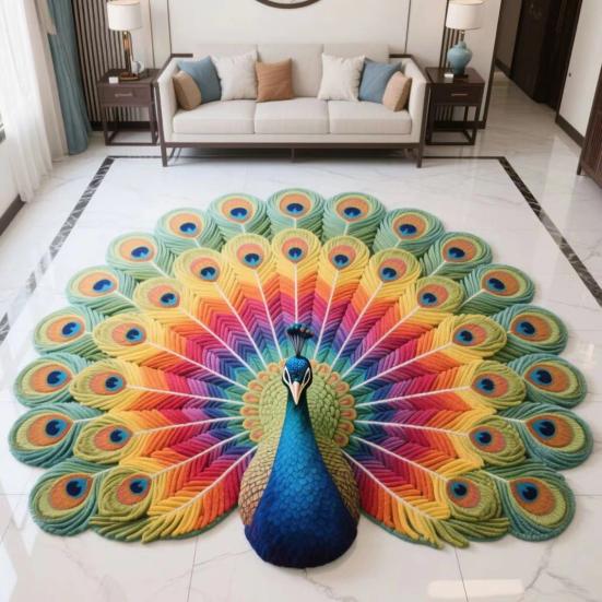 Floor Mat Colorful 3D Peacock Design Quick-Drying Crystal Velvet Soft Absorbent Bath Rug Anti-slip Backing Easy Care Bathroom Mat