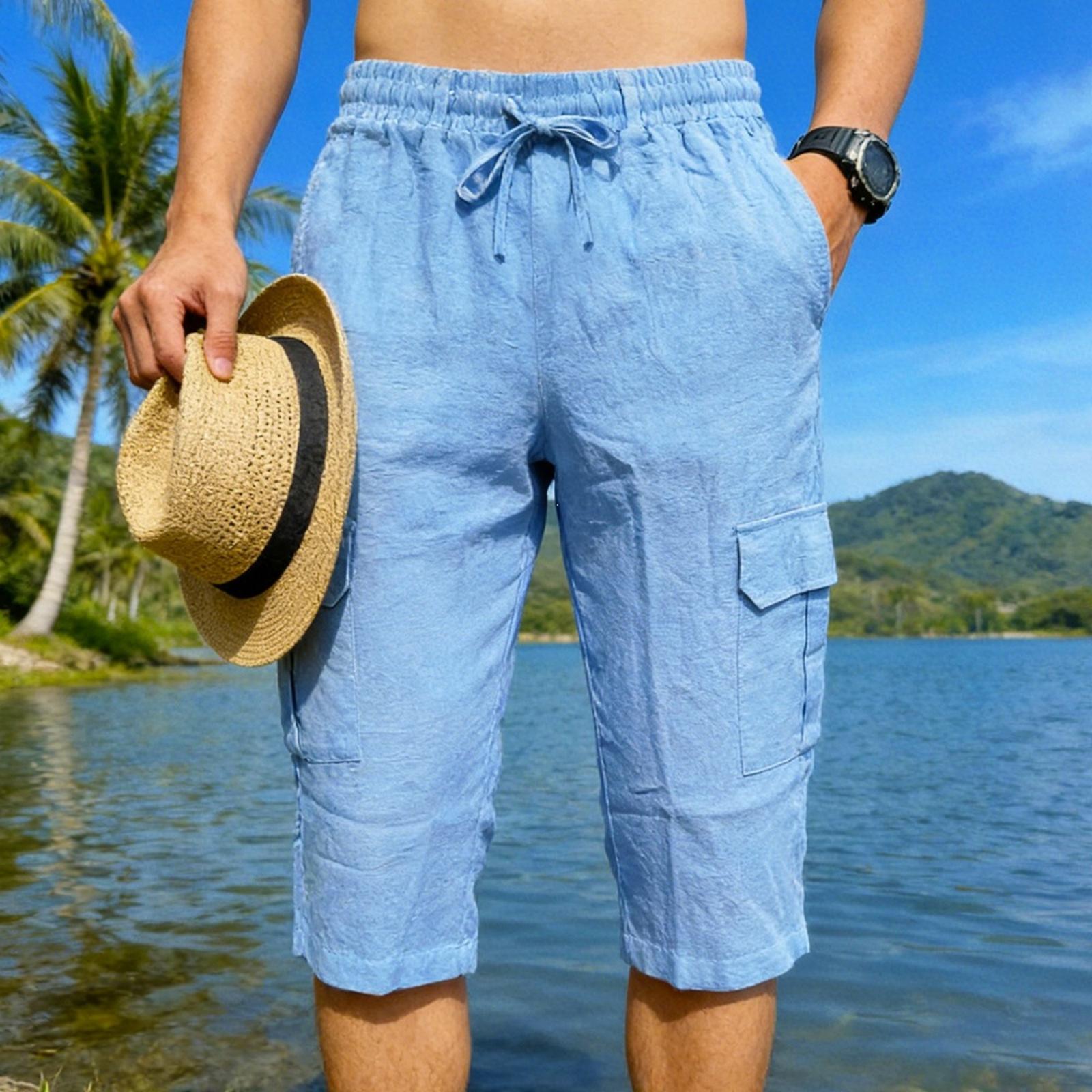 Men s Lightweight Linen Cargo Pants with Drawstring Elastic Waist Straight Leg Cropped Casual Summer Pants M