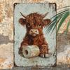 Vintage Highland Cow Metal Tin Sign - 1pc, 8"x12", Rustic Wall Decor with Weathered Look, Ideal for Man Cave, Bathroom, Home Dec