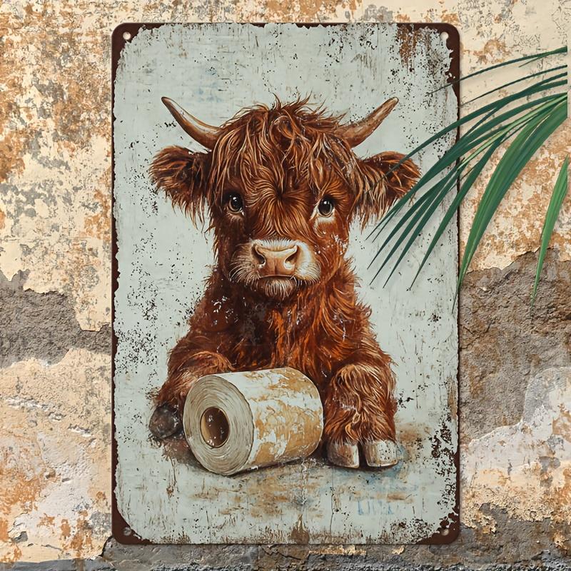 Vintage Highland Cow Metal Tin Sign - 1pc, 8"x12", Rustic Wall Decor with Weathered Look, Ideal for Man Cave, Bathroom, Home Dec