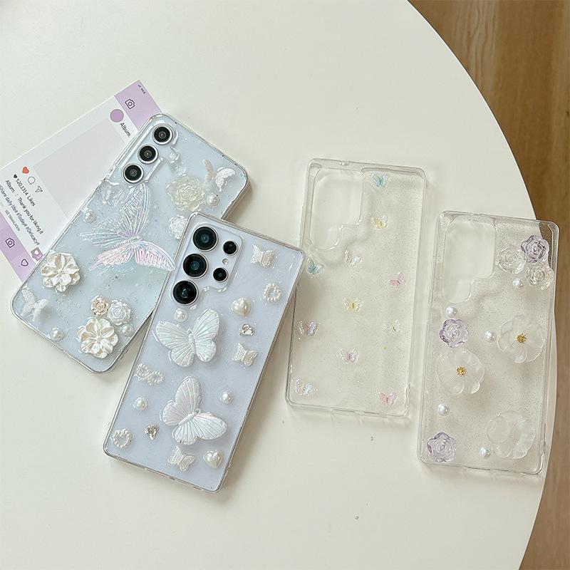 Small Fresh Style Glitter Phone Case for Samsung S25ultra Flower S24 Butterfly A36 Bow Tie Transparent A15