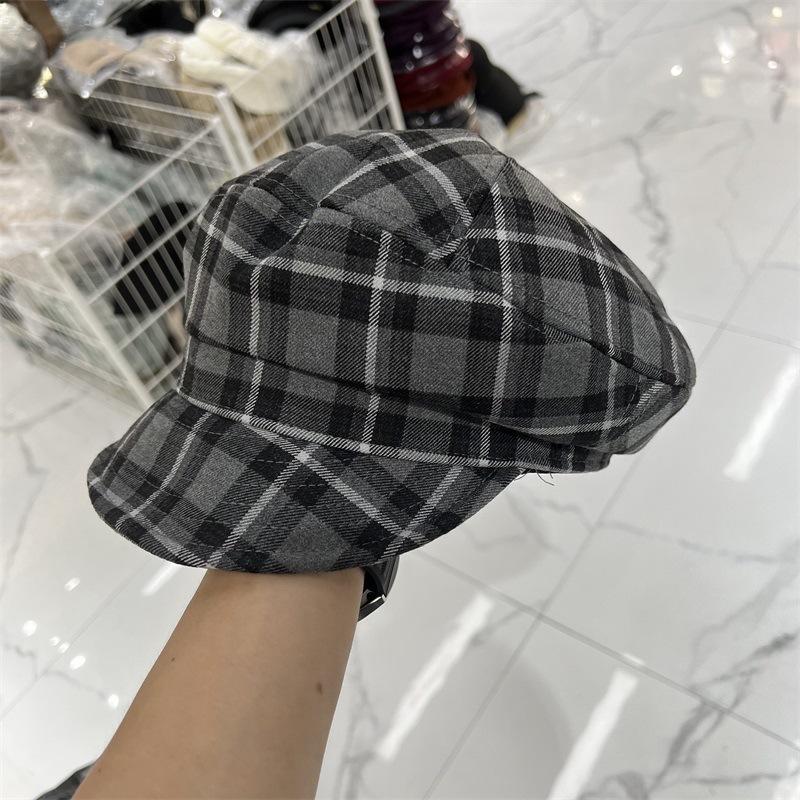 New retro polished plaid soft brim cap women's literary small fresh beret pastoral newsboy hat