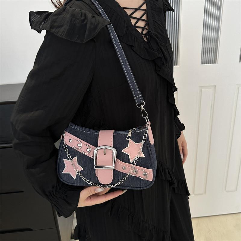 2024 Women's Spring Korean Style Armpit Bag Street Chic Denim Shoulder Bag Casual Small Square Bag Trendy Chain Bag Black