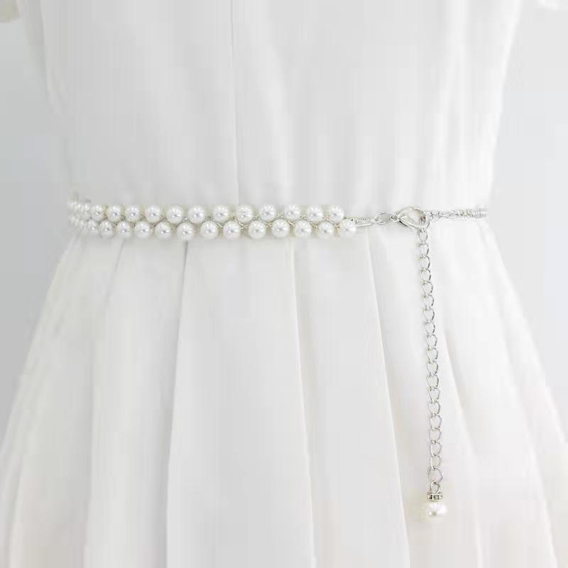 

Женское простое и модное двухслойное декоративное платье из жемчужного плетения с тонким ремнем в стиле «маленький аромат», подчеркивающим талию, и милым украшением на талии 115cm