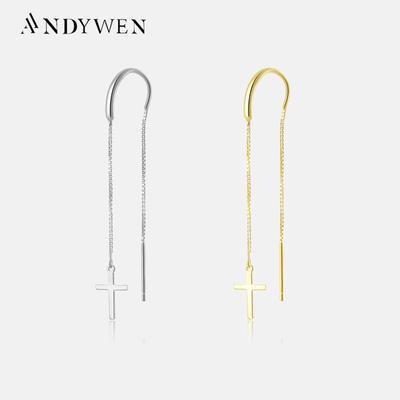 925 Sterling Silver Cross Chain Thread Drop Earring Clip Piercing Pendiente Fine Jewelry