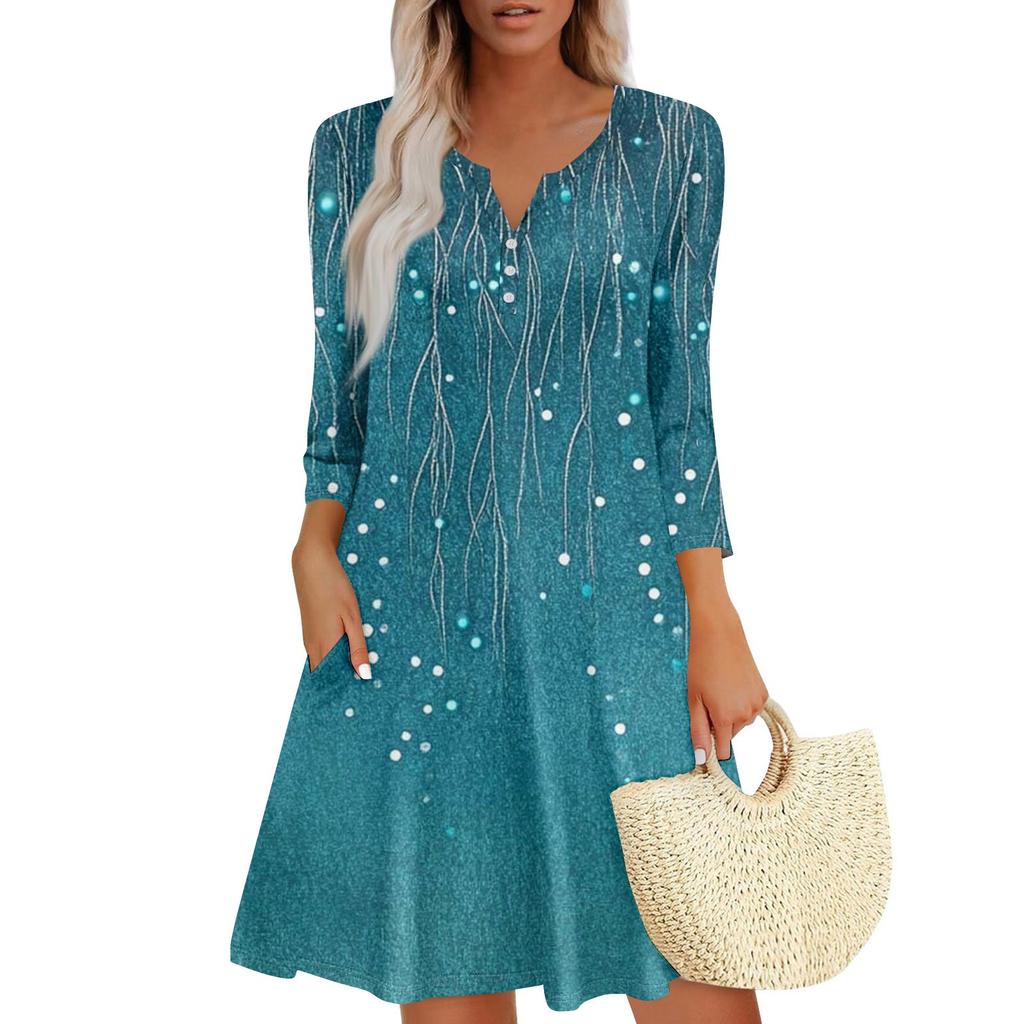 Women's Summer Dress Loose V Neck Three-quarter Sleeve Sundress With Pockets Dress
