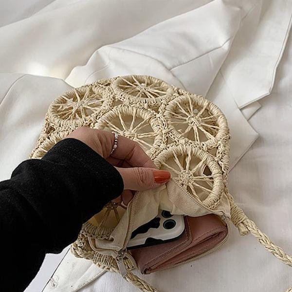 Yogodlns Handmade Summer Beach Women Straw Shoulder Bag Ladies Round Hollow Travel Daily Woven Handbag Holiday Knit Cotton Linen