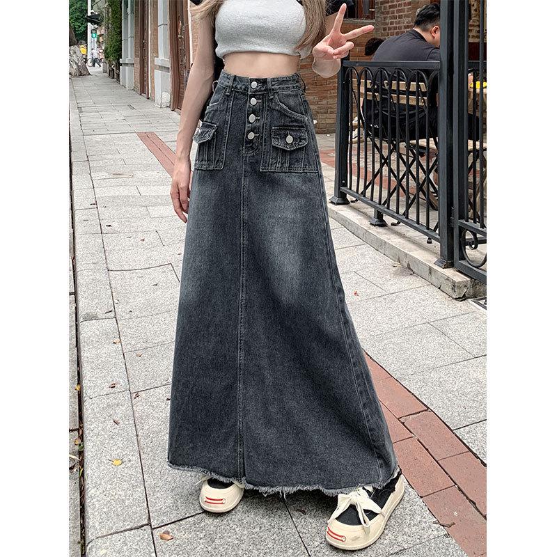 Women's 2024 Vintage High-Waist A-Line Denim Skirt, Raw Edge, Loose Fit, Large Sizes