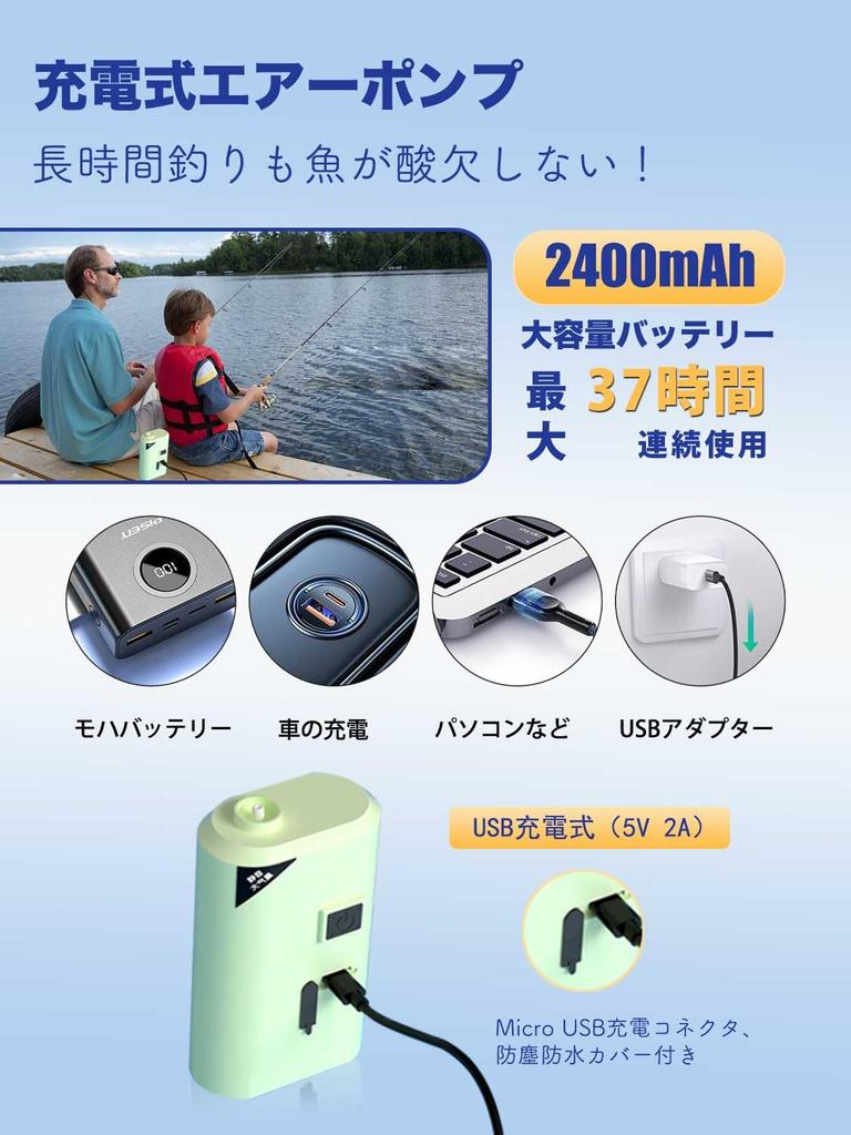 Fischerei-Luftpumpe, USB-wiederaufladbar, Eingebaute Batterie, 35dB leise, Kompakt, Tragbare Sauerstoffpumpe (Grün)
