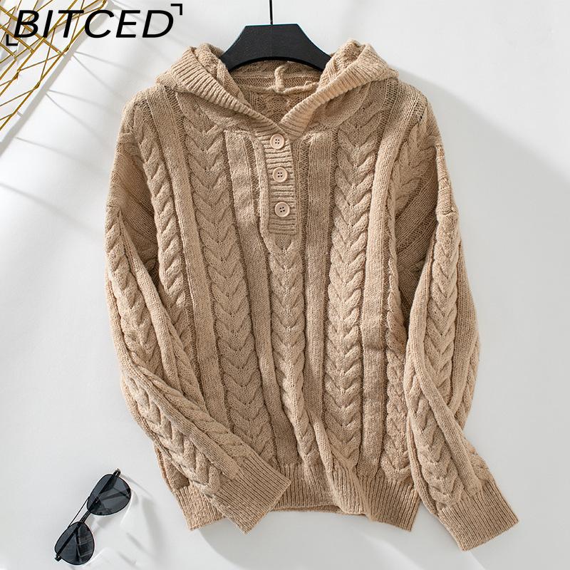

BITCED Women s Thick Hooded Pullover Sweater - Vintage-Style Button-Up Cable-Knit Top for Fall/Winter XL хаки