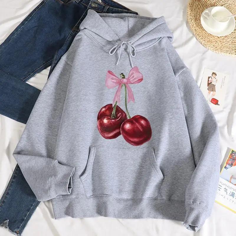 Bow Red Cherry Pattern Printing Hoodie Women Warm Hoody Trendy Casual Daily Hooded Autumn Loose Woman High Quality Aesthetic Top