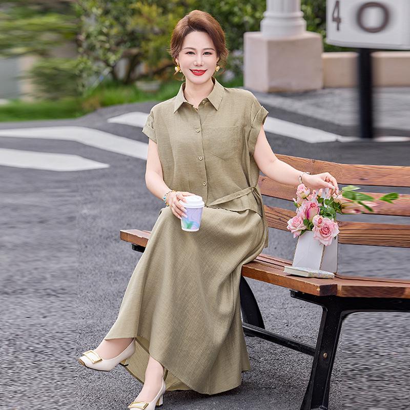 2026 Summer Women's Two-Piece Set: Casual Short Sleeve Lapel Top & Half Skirt for Mother's Day