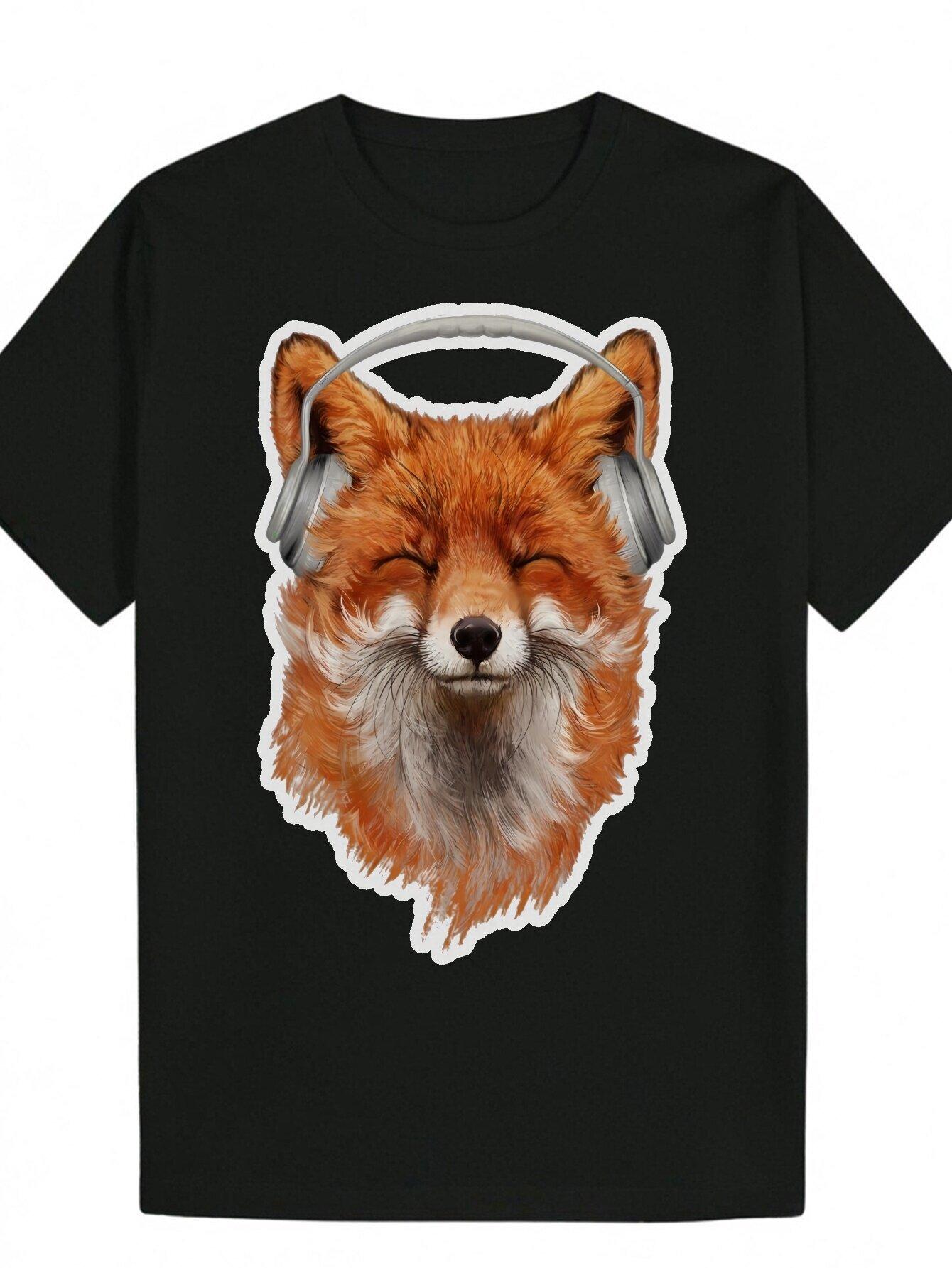 Black Graphic T-shirt - Funny Fox with Headphones Design L