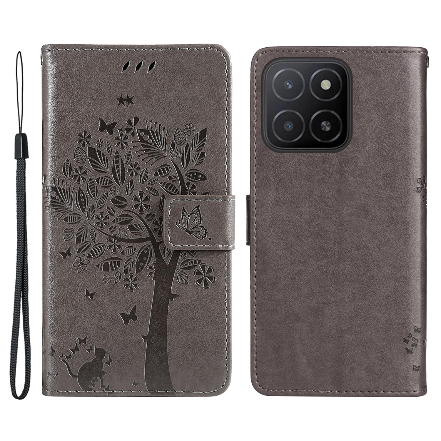 

For Honor X5b/X5b Plus Phone Case with Stand Cat Tree Pattern Leather Wallet Mobile Cover Grey