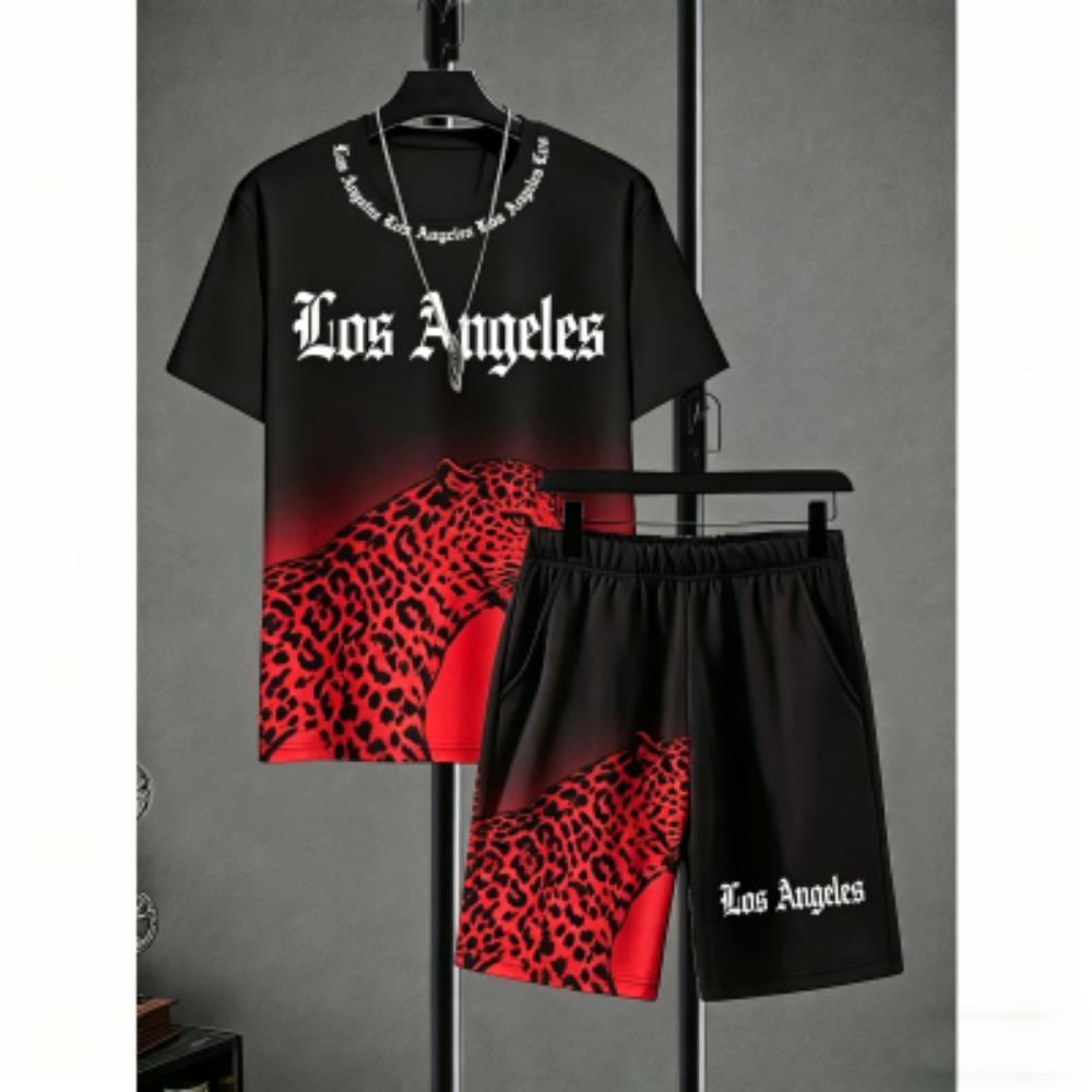 Fun Men's Set Leopard Colorful Printed Men's T-shirt and Shorts 2 Piece Set Summer Casual Outdoor Men's and Women's T-shirt Sets