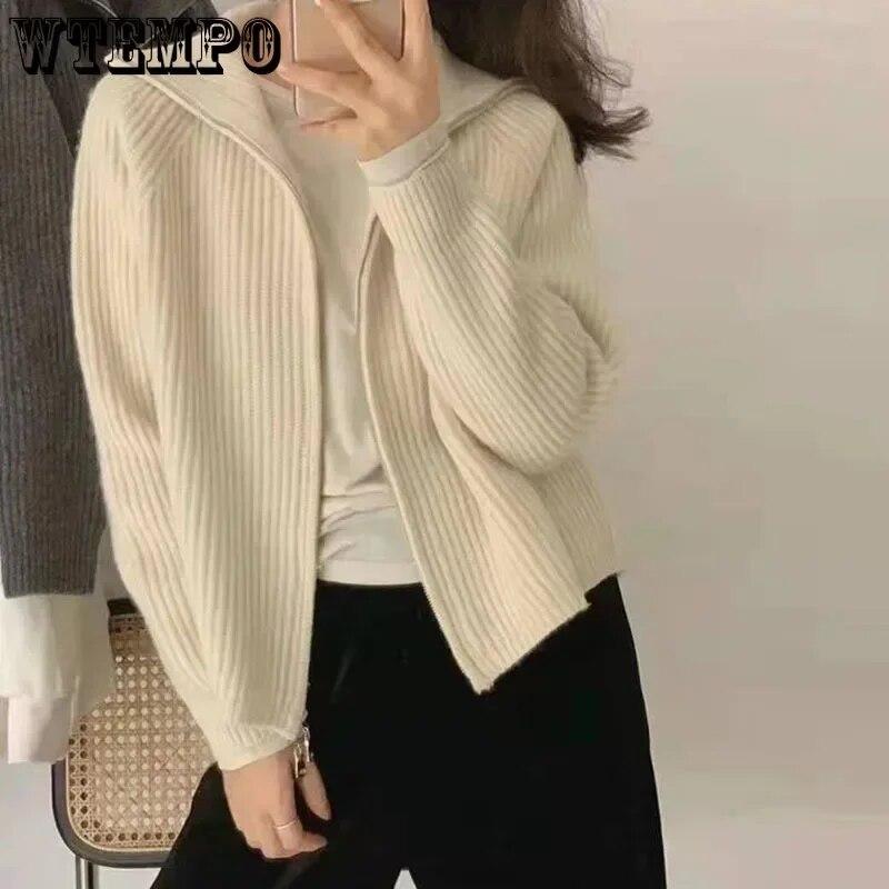 Dunkelgraue Strickjacke mit doppeltem Reißverschluss, kurzes Oberteil, Umlegekragen, Mantel für Damen, schlank, warm, lässig, solide, Pendeln, neue Mode, Frühling und Herbst