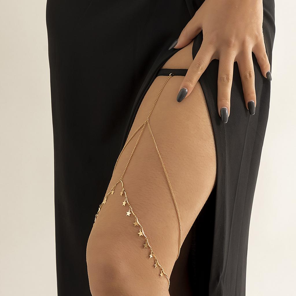 IngeSight.Z Sexy Multilayer Tassel Pearl Clip Bead Leg Chain for Women Simple Adjustable Elastic Thigh Chain Beach Body Jewelry