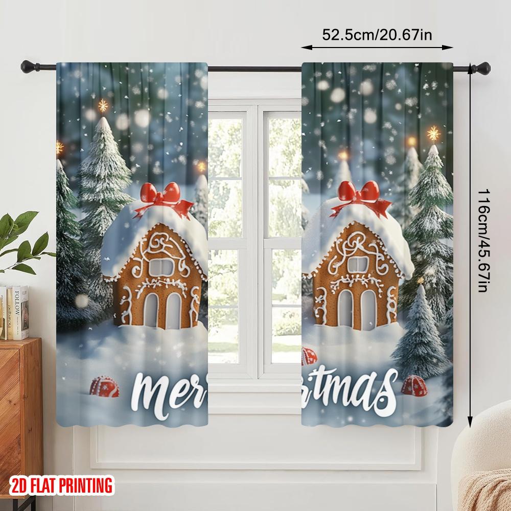 2pcs,2D plane printing Pattern Curtains Gingerbread Houses Christmas Snow (2) Versatile Polyester Fabric (without rod) Versatile