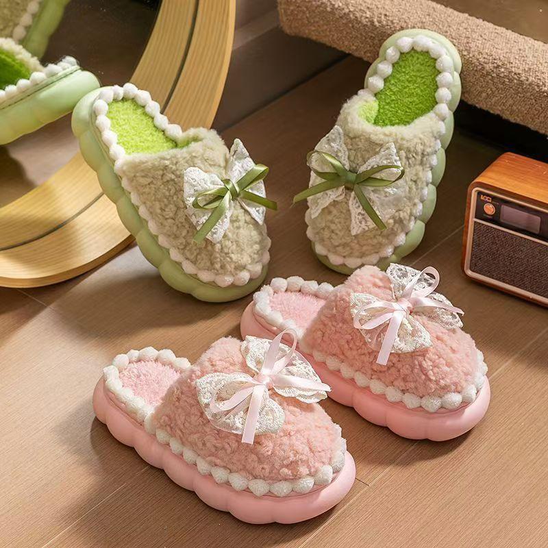 Women's Non-slip Fur-lined Lace Bow Cotton Slippers for Outdoor or Home Wear In Autumn/Winter, Postpartum Warm Comfort with Thick Sole