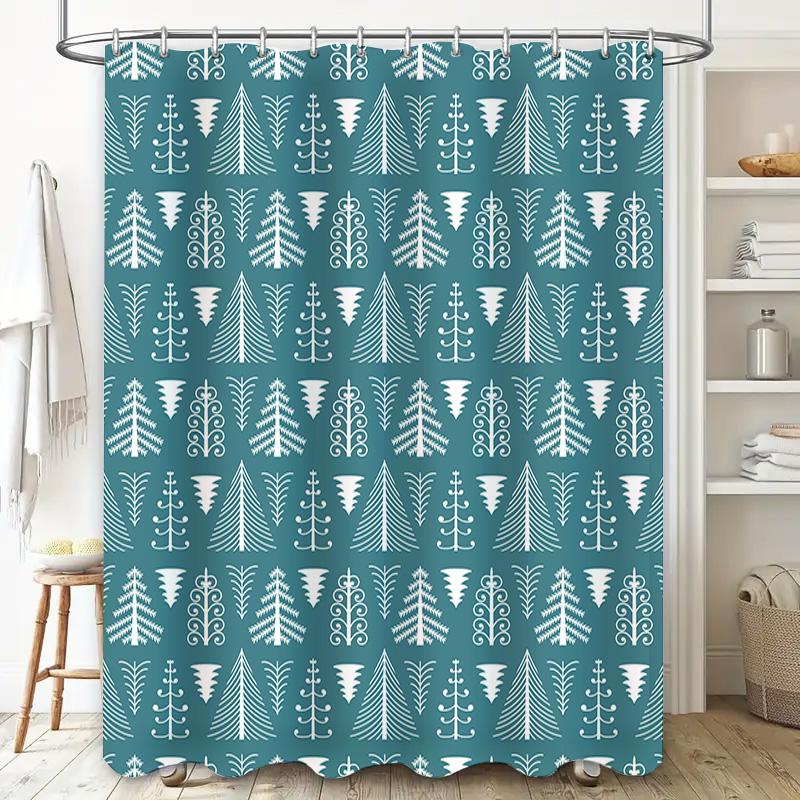 Blue Christmas Tree Shower Curtain Set Waterproof Washable Modern Decorative Polyester Fabric 180X245Cm (71X96)