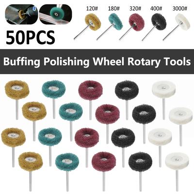 50Pcs Mini Drill Abrasive Brush Scouring Pad Buffing Polishing Wheel with 3mm Shank Grinding Buffing Heads Rotary Tool Accessory