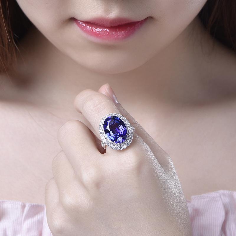 Simulated Deep Blue Tanzanite & Ruby Zircon Pavé Open Ring for Women - European & American Style