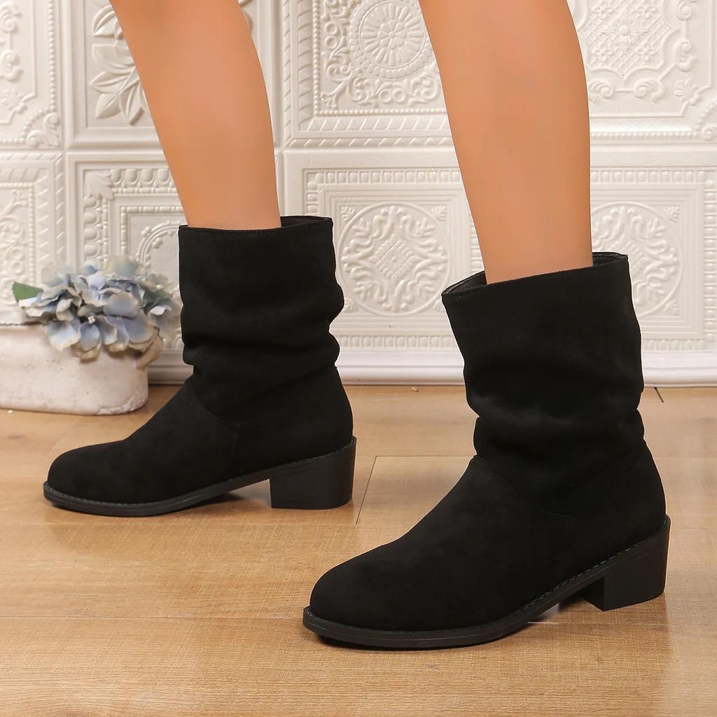 Autumn Winter Low Heel Round Toe Western Style Velvet Booties Women Fashion Short Boots Versatile Casual Dress Shoes