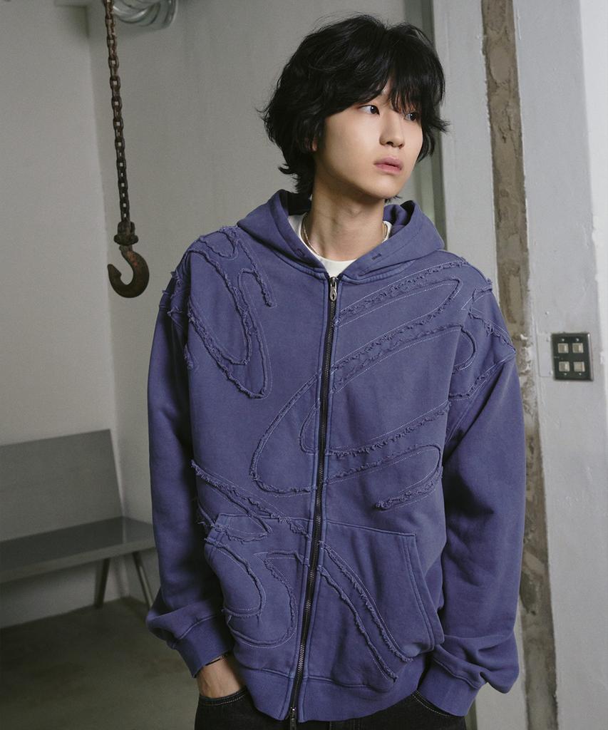 Travel Logo Applique Pigment Zip-Up Hoodie Blue Shadow