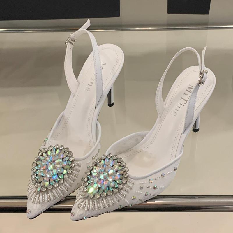 

Fashion Sexy Pointed Toe Crystal Women Pumps Street Style Thin High Heels Buckle Strap Sandals Elegant Party Stripper Mule Shoes Zapatos 39 белый