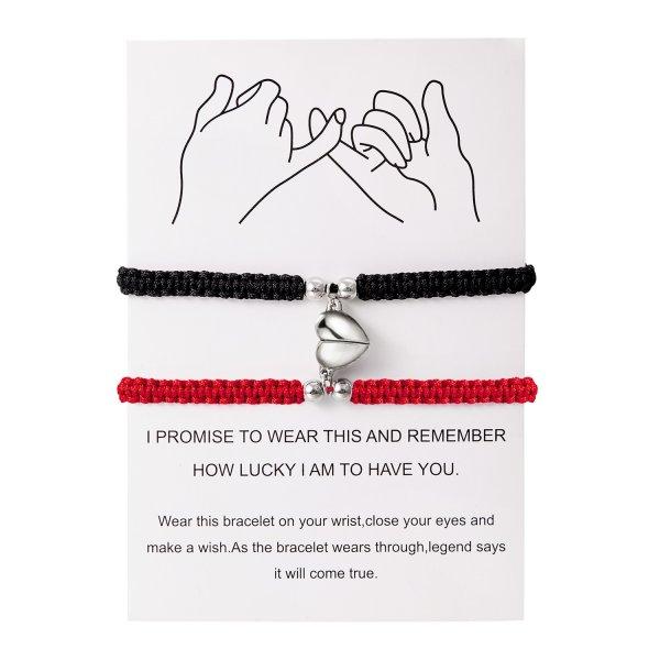 2 Pcs Lucky Red Braided Rope Bracelet for Women Men Romantic Heart Magnetic Matching Bracelets Lovers Valentine's Day Zircon